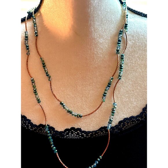 Sparkling Blue AB Bead Necklace Long Glass Gold Tone Curved Bars - Picture 4 of 8